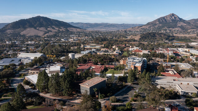 San Luis Obispo, California, USA - December 3, 2021: Afternoon light shines on the downtown campus of Cal Poly San Luis Obispo (SLO).