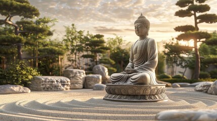 Buddha statue sits in serene Zen garden with sand and bonsai. Buddha statue in Zen garden, symbol of mindfulness, under gentle sunset. - obrazy, fototapety, plakaty