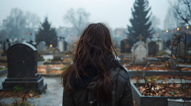 Rear view ai generated picture of sad lonely person visiting relatives standing at cemetery alone