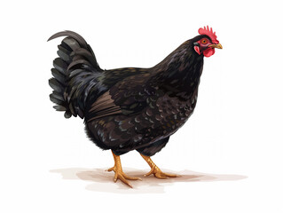 Illustration watercolor of a black hen on white background