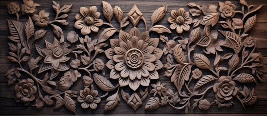 A sculpture of flowers and leaves carved into the wooden wall, showcasing intricate patterns and artistic details of terrestrial plants in a rectangular shape