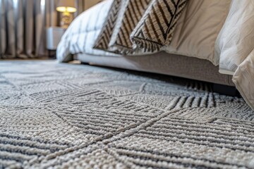 Close up view of contemporary and stunning carpet with graphic pattern in bedroom