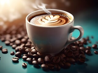 Cup of cappuccino and coffee beans, close up shot. hot beverage illustration