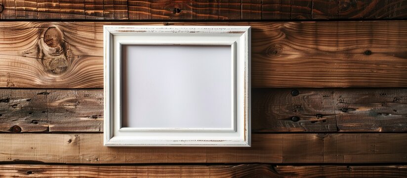 A brown rectangle picture frame is fixed on a hardwood wall inside a building. The wood paneling complements the window fixture with its tints and shades