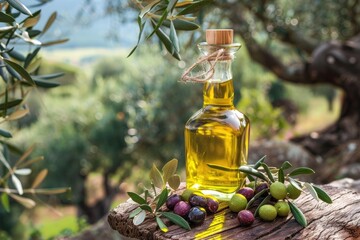 olive oil in a bottle with olives on a table with olive trees on background