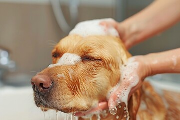 dog being washed by a groomer - obrazy, fototapety, plakaty