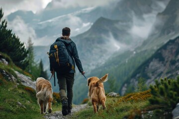 dogs going hiking in the mountains with their owner