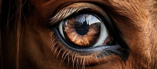 Fototapeta premium A closeup of a brown horses eye with long eyelashes, showing intricate details like wrinkles and a glossy liver color. The macro photography captures the beauty of this terrestrial working animal