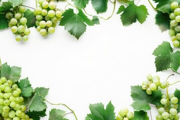 green grapes and leaves frame on white background