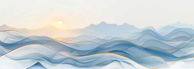 Fototapeta premium Minimal abstract panoramic landscape background, sunrise at the sea in blue pastel colours suitable for booklets, web, brochures, flyers, wallpapers.