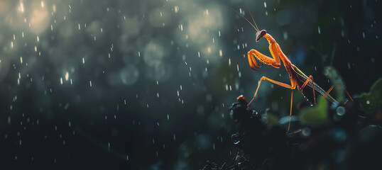 a praying mantis standing in a rain shower with copy space - obrazy, fototapety, plakaty