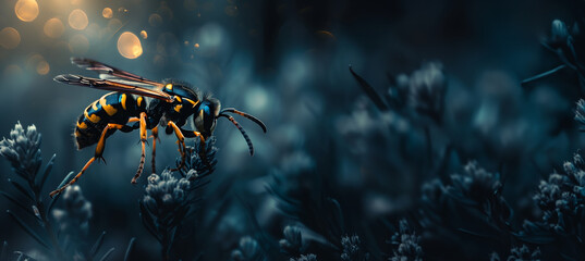 a wasp flying over a dark background with copy space - obrazy, fototapety, plakaty