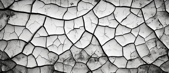 A monochrome photo capturing the intricate pattern of a cracked wall, showcasing the beauty of natural material and composite building materials - obrazy, fototapety, plakaty