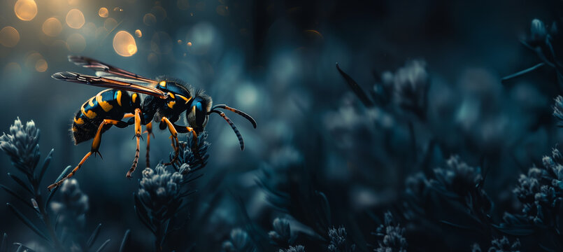 a wasp flying over a dark background with copy space