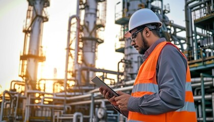 Engineer use tablet with white safety helmet standing front of oil refinery. Industry zone gas petrochemical. Factory oil storage tank and pipeline. Workers in a refinery