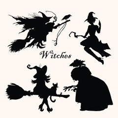 vampire witches or Halloween or bat horror movie or flying nocturnal or flying Bird cat crow. Witch on a broom and cat. Set of Halloween witches silhouettes