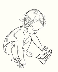 Baby boy sitting in continuous line art drawing style. Cute toddler child black linear sketch isolated on white background. Vector illustration