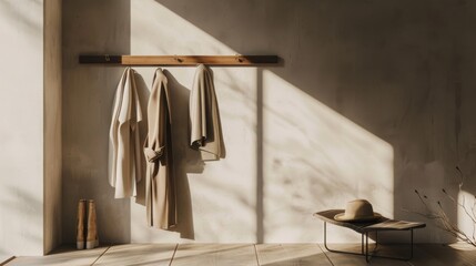 Minimalist Entrance Hall with Wooden Coat Rack