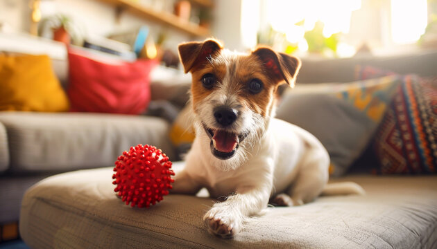 Joyful dog enthusiastically playing with toy at home in a comfortable living room setting, daylight photo