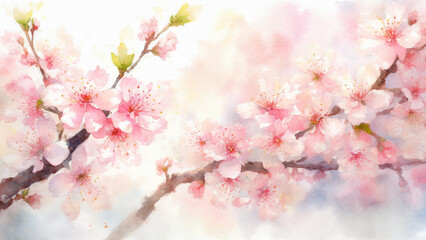 Illustration aquarelle d'une branche de fleurs de cerisier rose - obrazy, fototapety, plakaty
