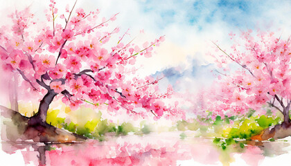 Illustration aquarelle de fleurs de cerisier rose, dans un paysage romantique - obrazy, fototapety, plakaty