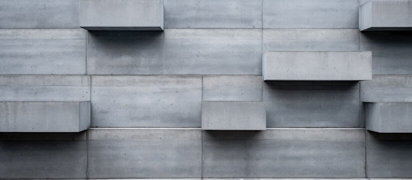 A grey concrete wall with a pattern of square rectangles on it, inspired by wood flooring. The composite material creates tints and shades, with metal elements running parallel to the pattern