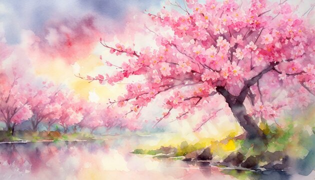 Illustration aquarelle de fleurs de cerisier rose, dans un paysage romantique avec une rivière