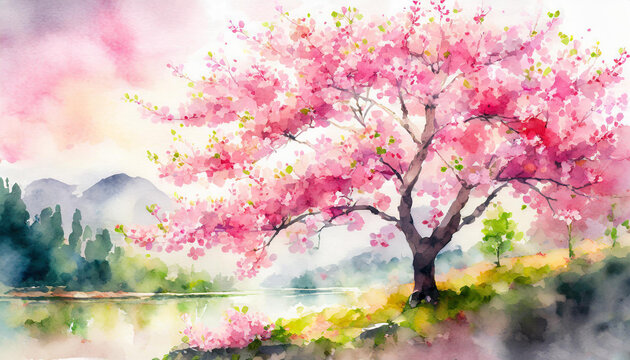 Illustration aquarelle de fleurs de cerisier rose, dans un paysage romantique