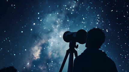 A Stargazer's Quest: Man with Telescope Exploring the Starry Night Sky - obrazy, fototapety, plakaty
