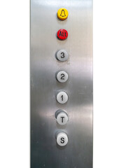 1970s vintage elevator buttons with red alt key and yellow alarm key on aluminum dashboard isolated © framarzo