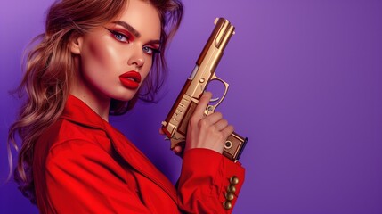 Elegant Woman with a Golden Pistol on a Purple Background