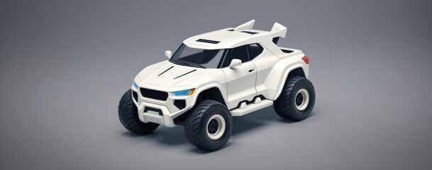 white off-road toy car on a grey background. Car toy 3d model.
