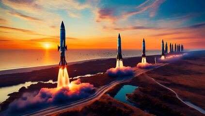 Sci-fi Rockets launching, spaceships lift off, sunset over the sea, sunrise over ocean, science fiction, Ad Astra, Wall Art Design for Home Decor, wallpaper for cellphone, mobile phone background