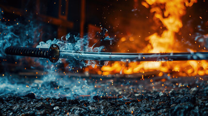 Digital art of a katana, traditional samurai sword. Fantasy scene of japanese sword, forge with fire in the background