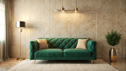Deep green velvet couch pops against textured cream wall, accented by geometric gold lampshade, generative ai