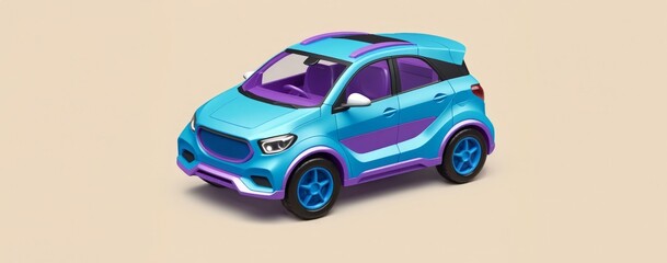 turquoise and purple toy crossover suv on a beige background. Car toy 3d model.
 - obrazy, fototapety, plakaty
