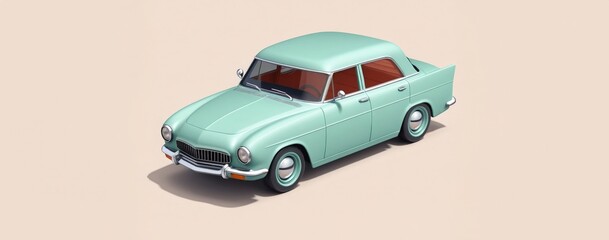 mint green vintage sedan toy car on a peach background. Car toy 3d model.
