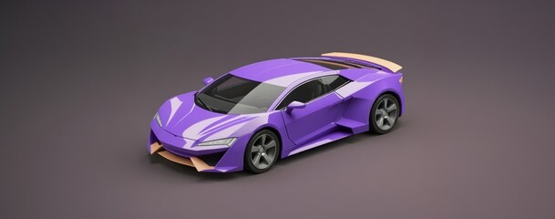 purple sports car toy with gold accents on a grey background. Car toy 3d model.
