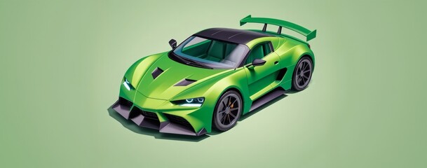 lime green sports car toy with a large rear spoiler on a light green background. Car toy 3d model.
