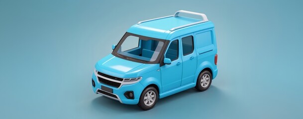 light blue compact minivan on teal background. Car toy 3d model.
