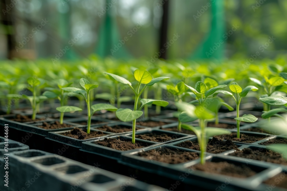 Poster seedlings in a greenhouse. backdrop with selective focus and copy space