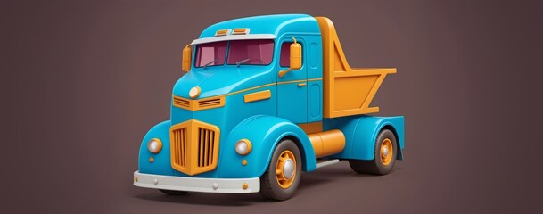 cartoonish blue and yellow dump truck on brown background. Car toy 3d model.
