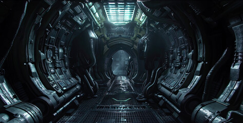 Spooky dark interior of alien spaceship, panorama inside extraterrestrial spacecraft, scary corridor of starship. Theme of future, space, scifi, horror, movie - obrazy, fototapety, plakaty