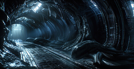 Creepy gloomy interior of alien spaceship, scary corridor inside dark extraterrestrial spacecraft, spooky futuristic scene. Theme of future, space, horror, movie