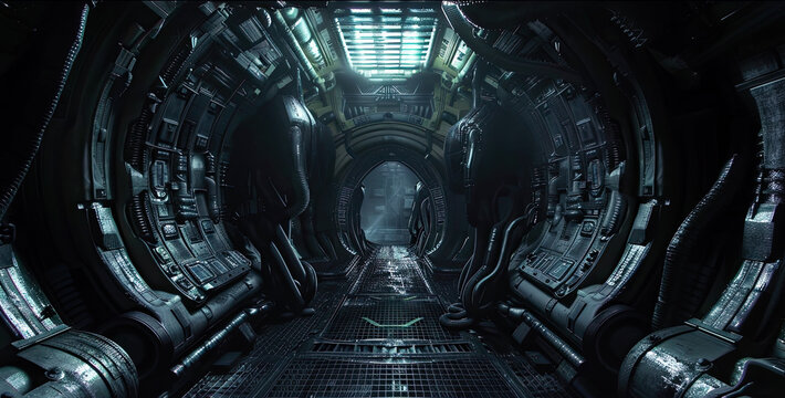 Spooky dark interior of alien spaceship, panorama inside extraterrestrial spacecraft, scary corridor of starship. Theme of future, space, scifi, horror, movie