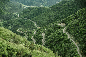 Winding road through a lush green mountain landscape