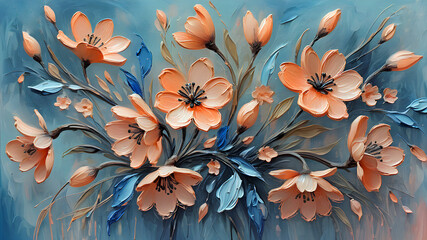 delicate spring flowers painted with oil paints on canvas in peach tones with blue tint - obrazy, fototapety, plakaty