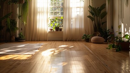 A boho yoga studio with bamboo flooring and natural light,