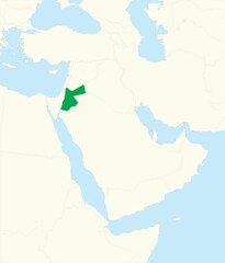Obraz premium Green detailed CMYK blank political map of JORDAN with black national country borders on beige continent background and blue sea surfaces using orthographic projection of the Middle East