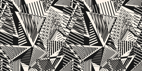 Vector abstract seamless pattern. Urban art texture with chaotic shapes, triangles, lines, stripes. Monochrome sport style background. Simple black and white repeated design. Grungy sporty pattern